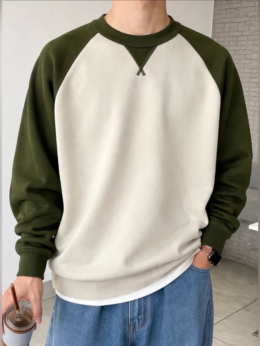 Uniqlo Olive Green and Cream Raglan Crewneck Sweatshirt